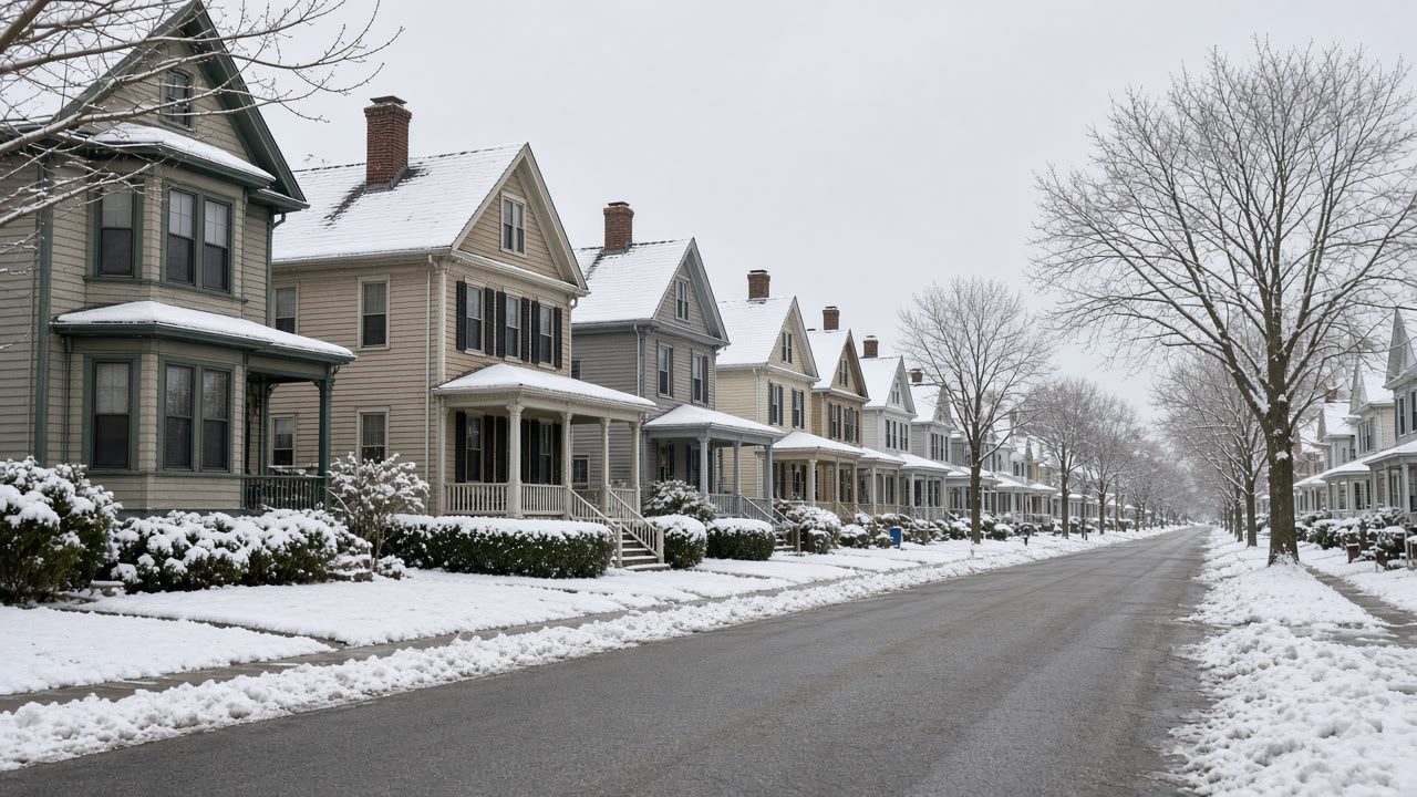 Street of older single family homes with snow on the roofs and chimneys
