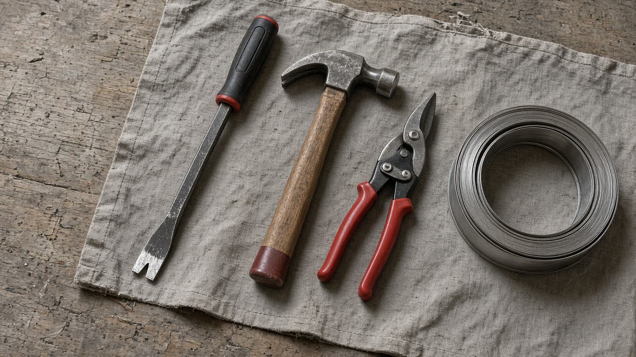 Pry bar, hammer, tin snips and flashing coil on a drop cloth