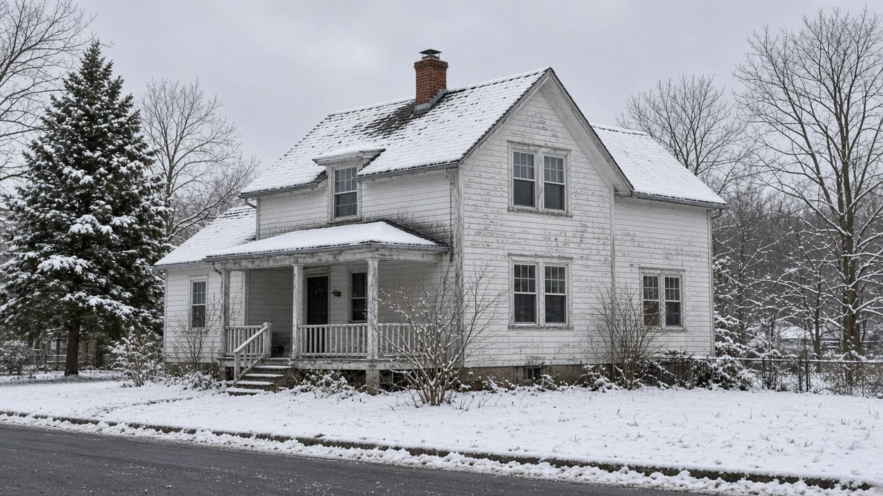 Older two-story wood frame house with snow on the roof, Syracuse and the surrounding New York area