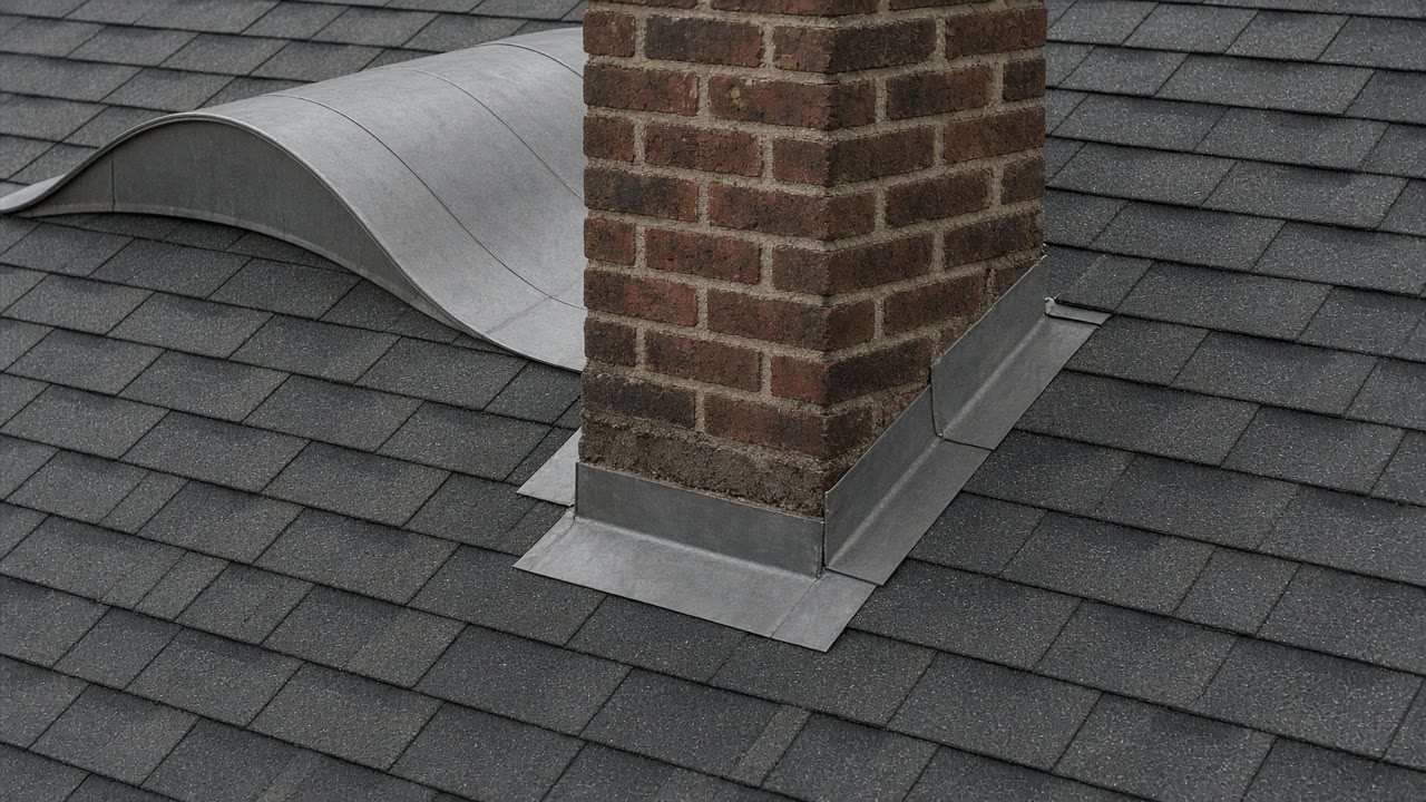 Chimney cricket and wall-to-roof step flashing on a shingled roof