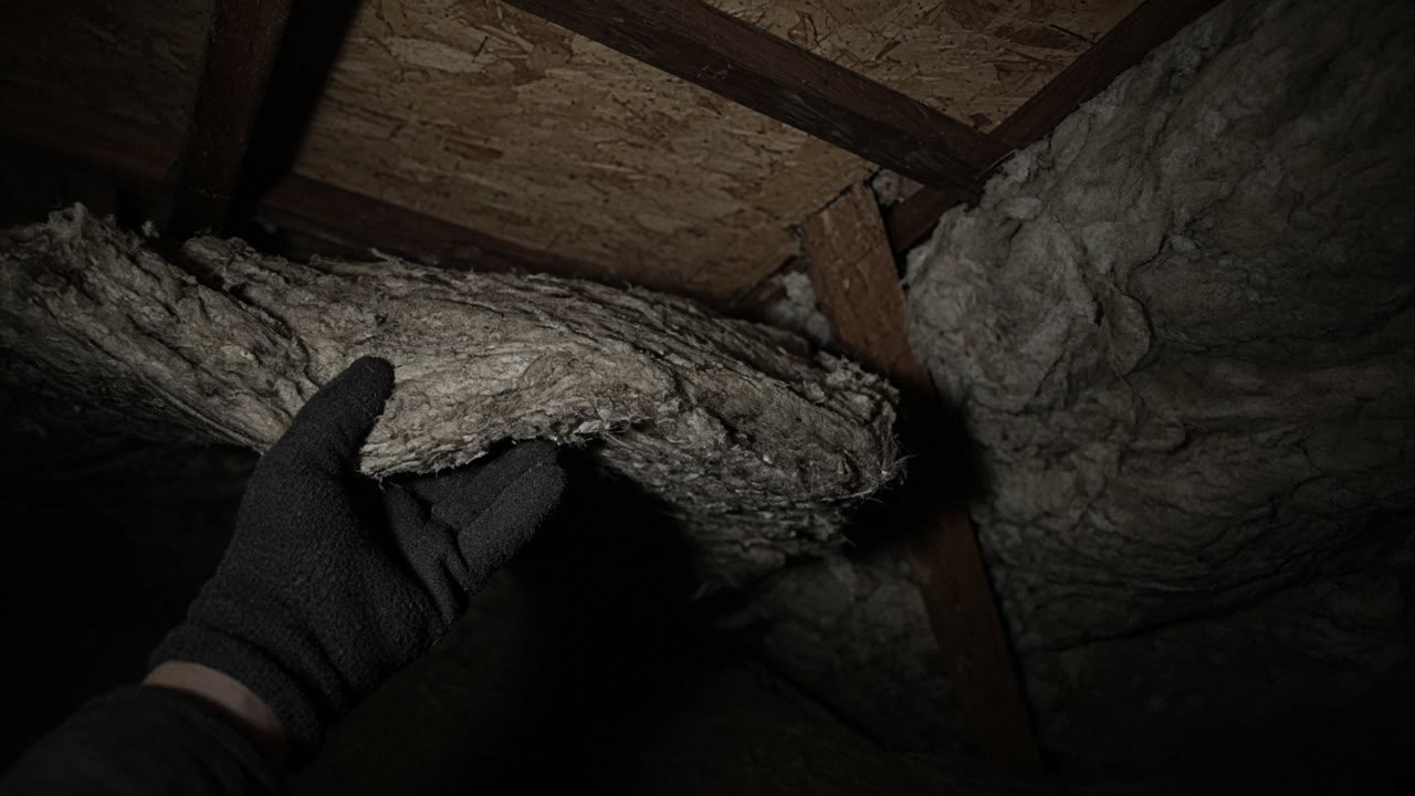 Gloved hand lifting attic insulation to look at the roof deck