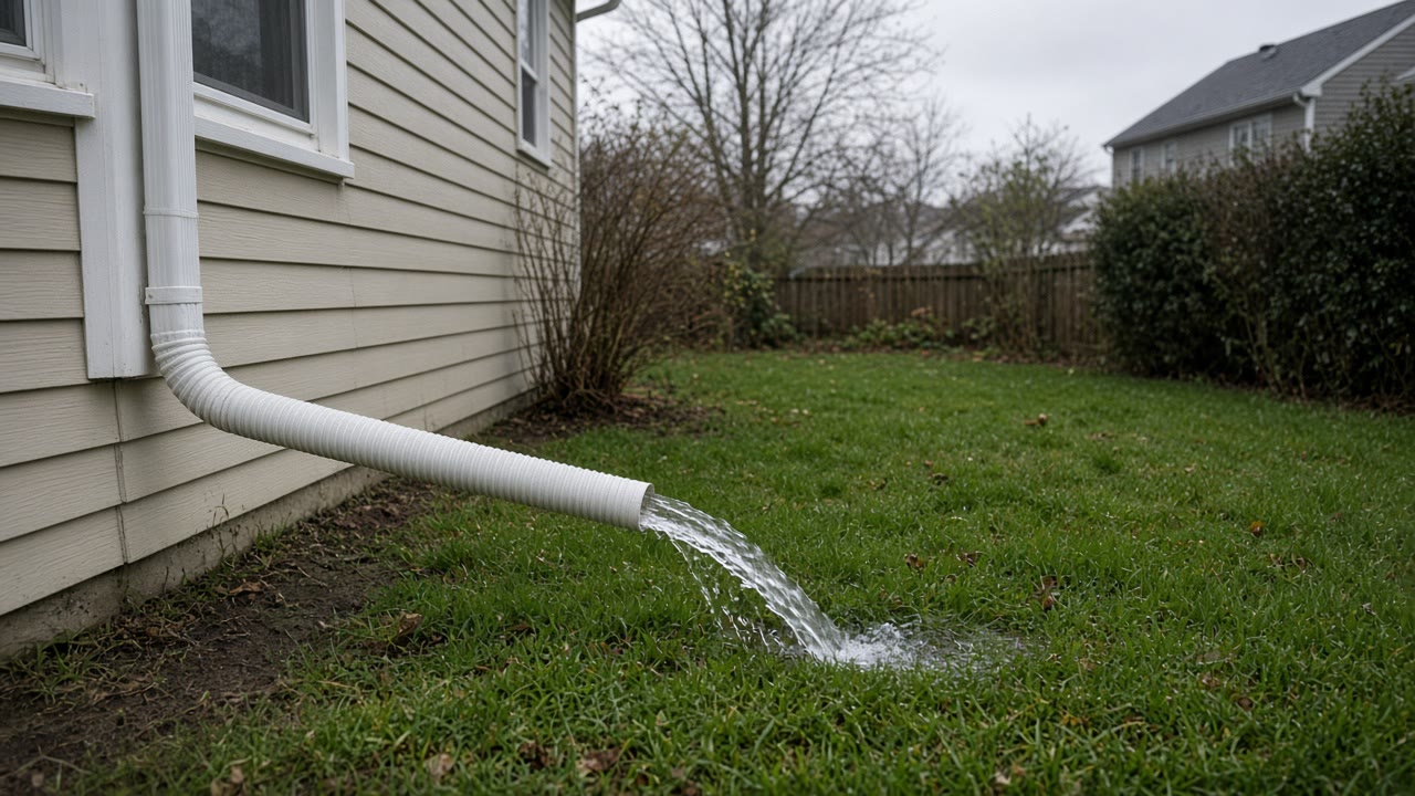 Downspout discharging to a grade-level extension away from the foundation