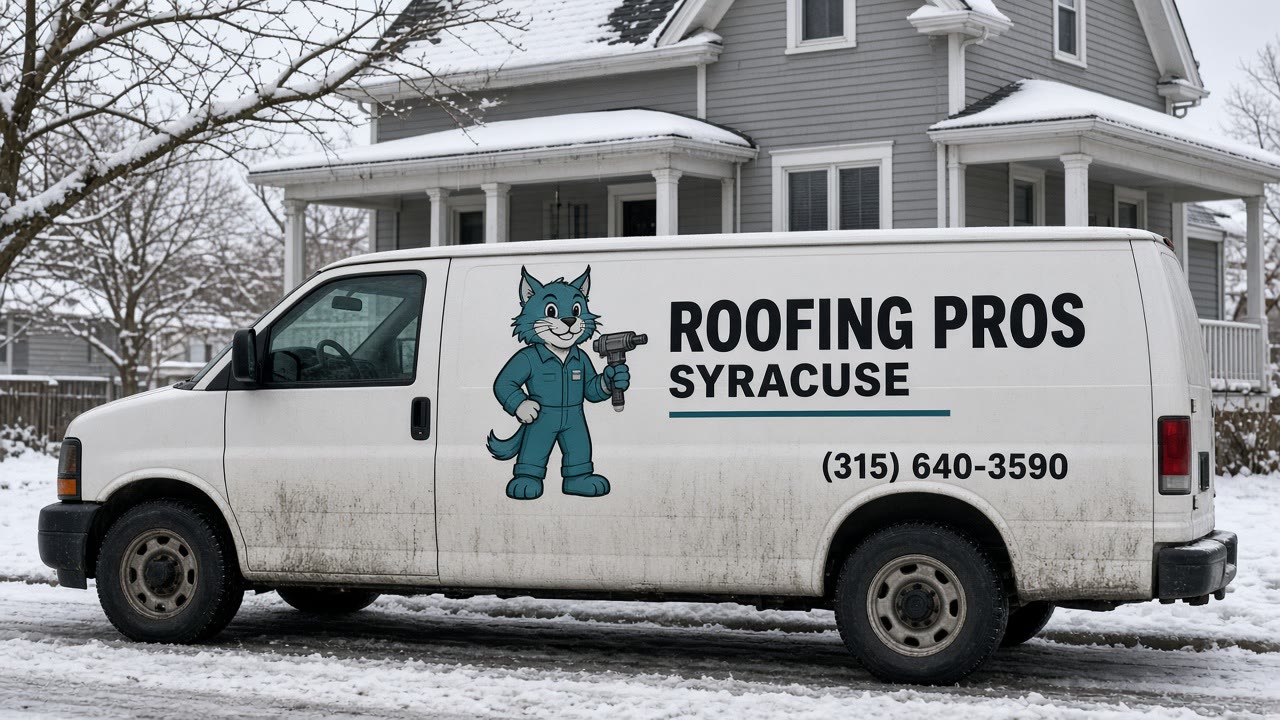 Dirty white cargo van with Roofing Pros Syracuse bobcat vinyl and phone lettering parked by a modest house