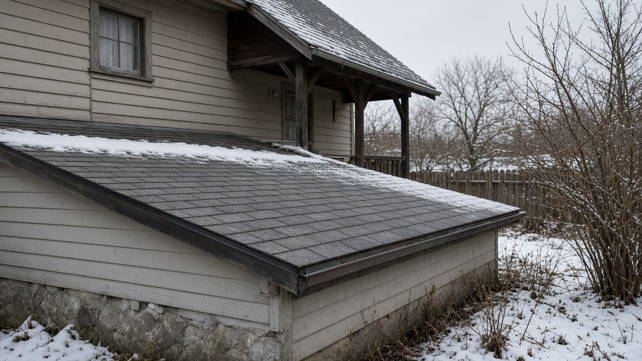 Low-slope shingled porch roof on an older house in winter