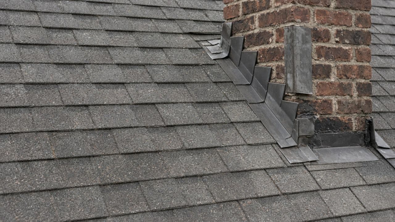 Chimney step flashing on an asphalt shingle roof