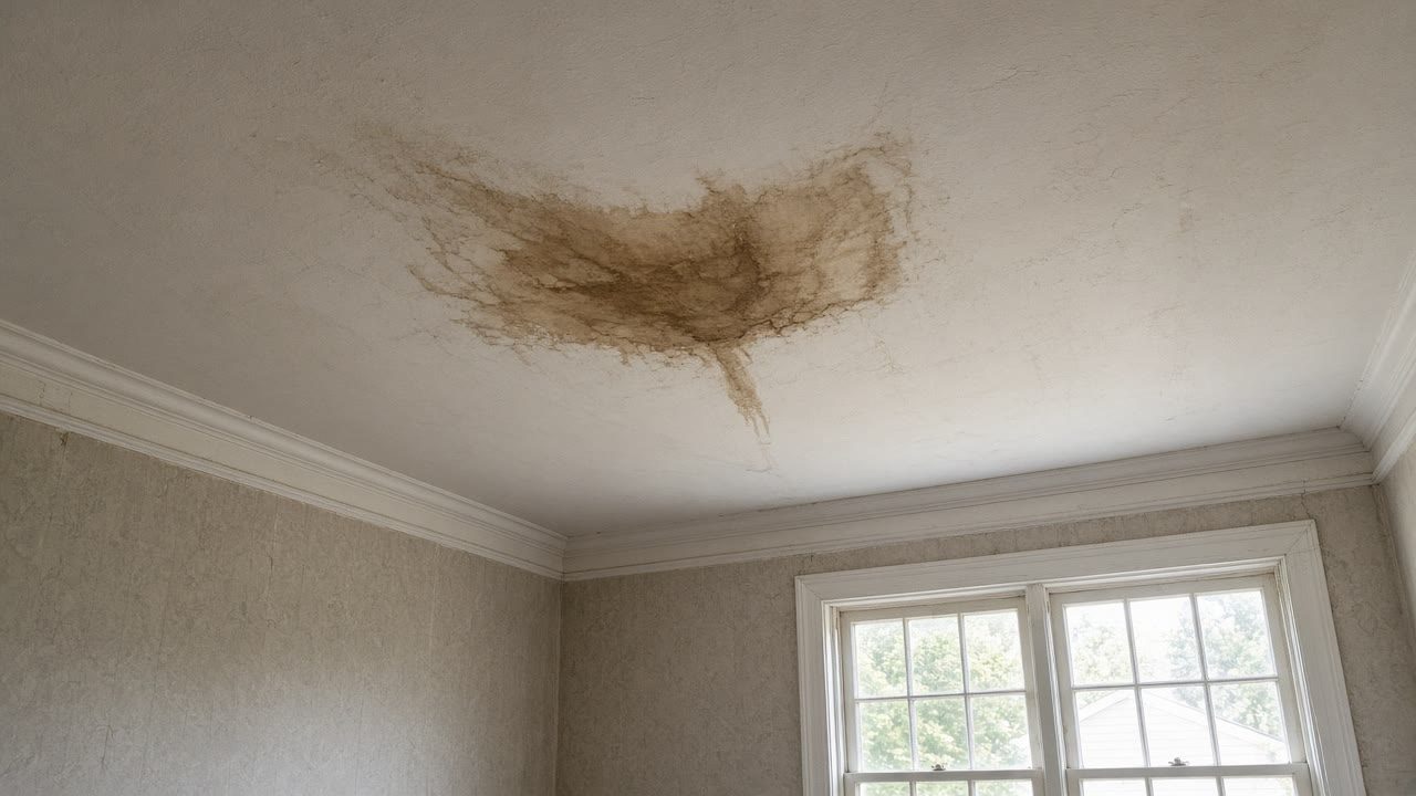 Brown water stain on a plaster ceiling in an older upstairs room